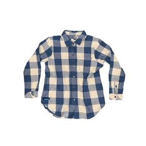 Kavu Wret Women's Size L Blue And Cream Plaid Snap Close Heavy Fabric Shirt NWT